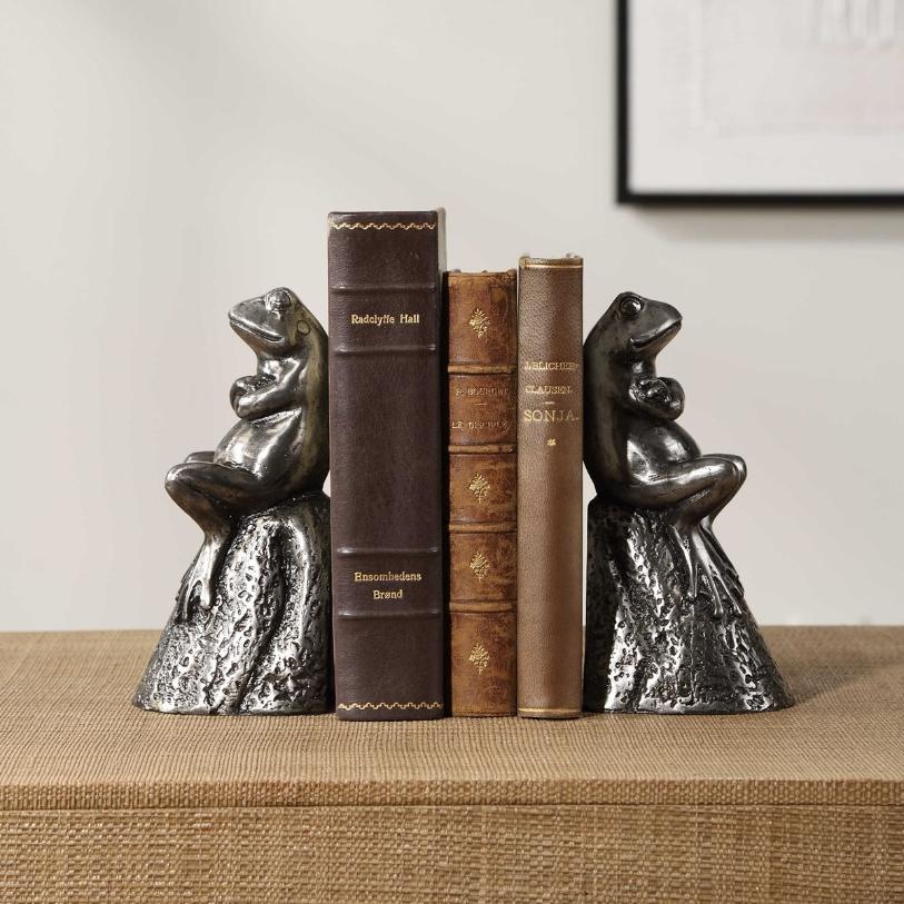 Daydreaming Frogs Aged Silver Bookends - Set of 2 by Uttermost