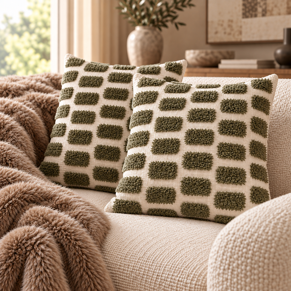 Ridge Olive Cotton Tufted Dash Cushion 43 cm Malini