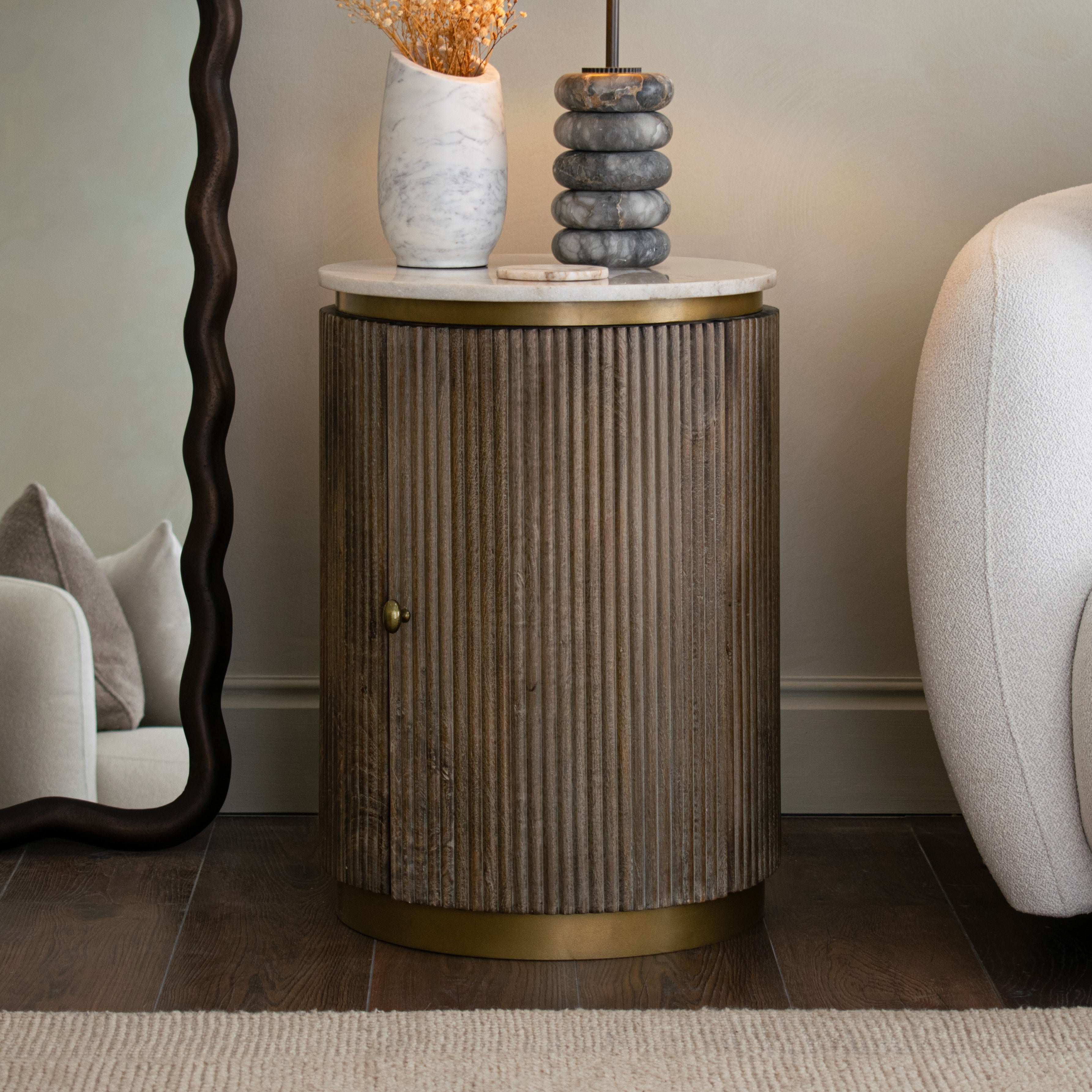 Maigue Brown Textured Wood Storage Side Table with Marble Top by RV Astley