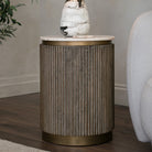 Maigue Brown Textured Wood Side Table with Marble Top by RV Astley