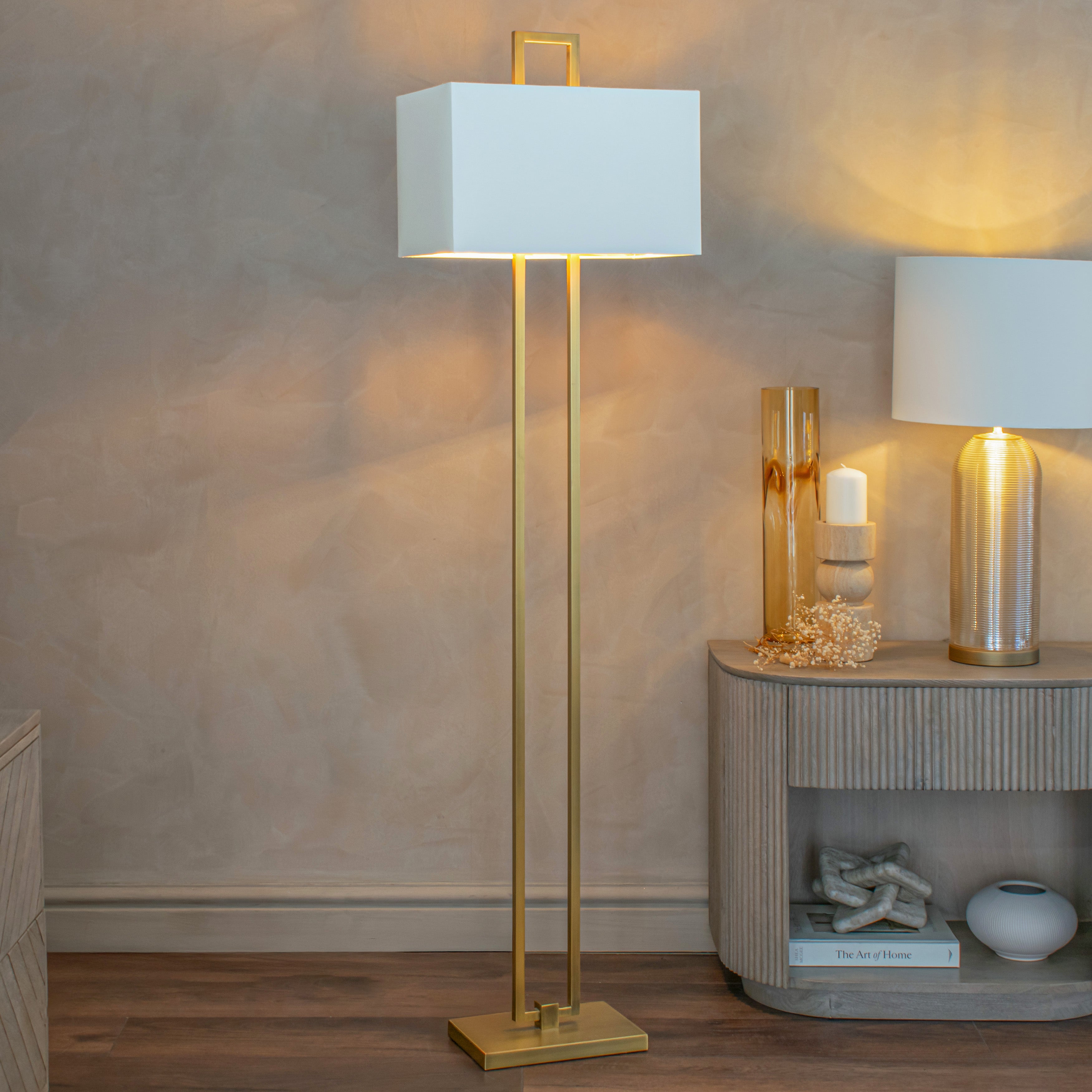 Danby Antique Brass White Fabric Shade Floor Lamp by RV Astley