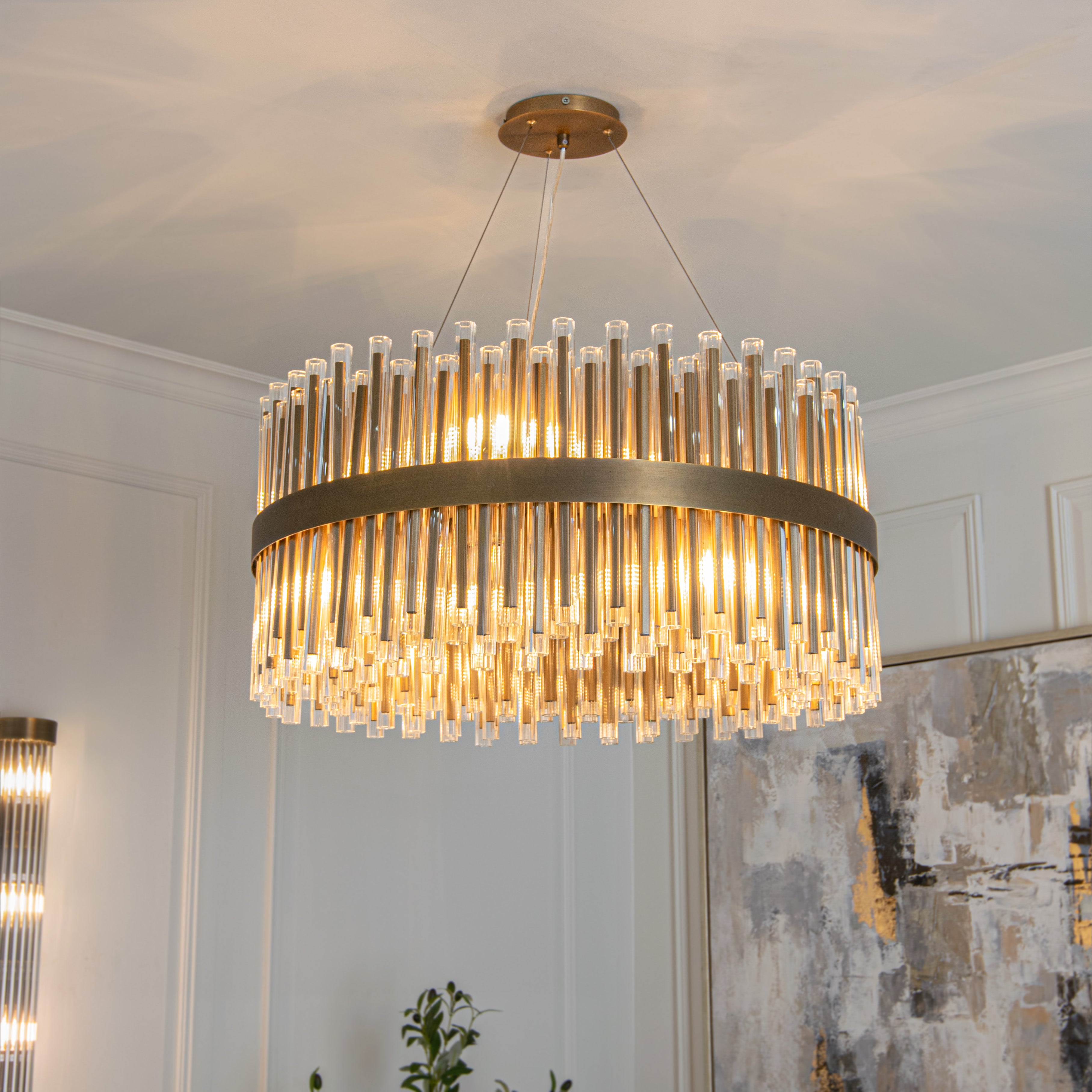 Colmar Antique Brass Pendant Ceiling Light with Glass Tubes Shade - 80cm by RV Astley