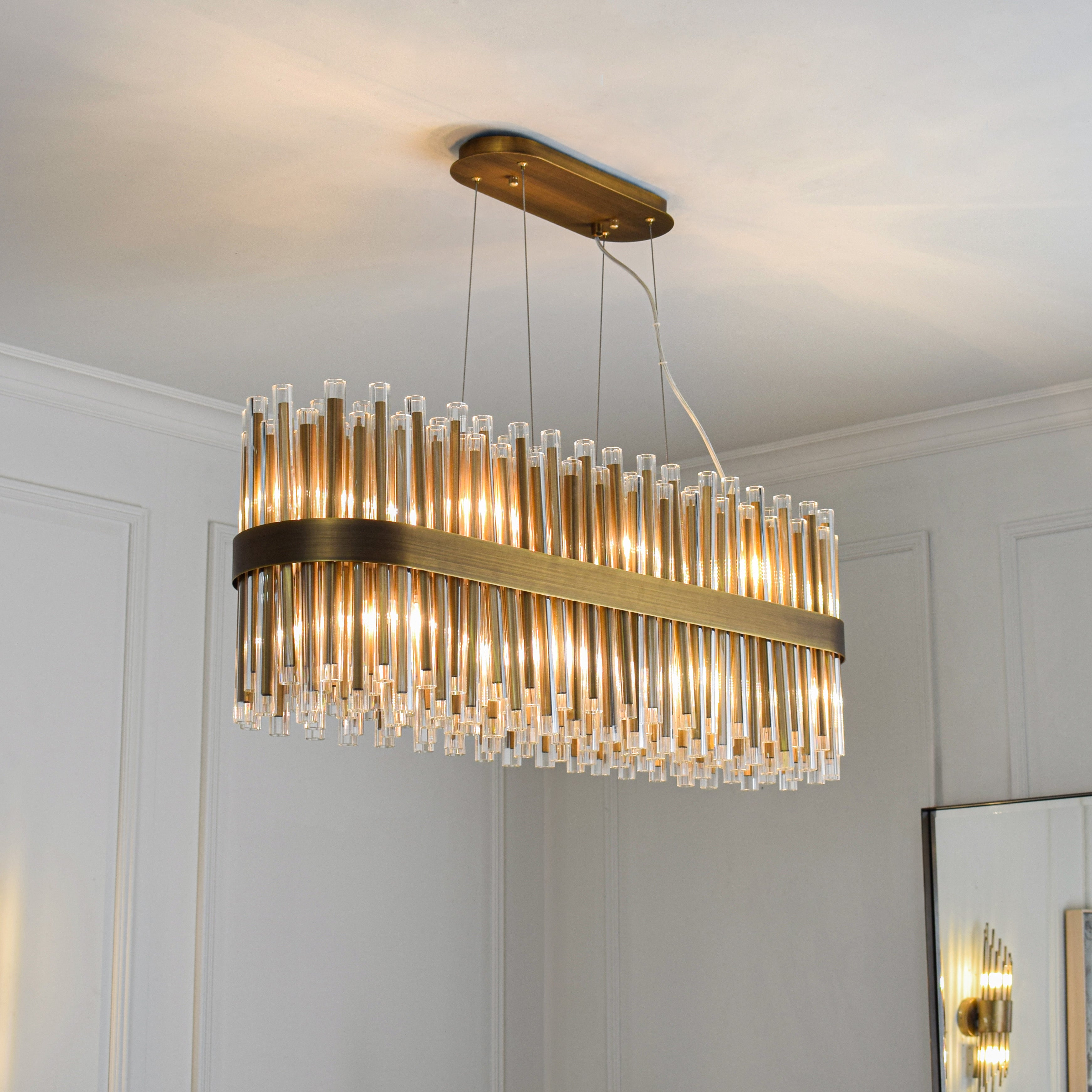 Colmar Antique Brass Long Chandelier with Glass Tubes by RV Astley
