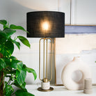Freja Travertine & Black Linen Shade Table Lamp by RV Astley