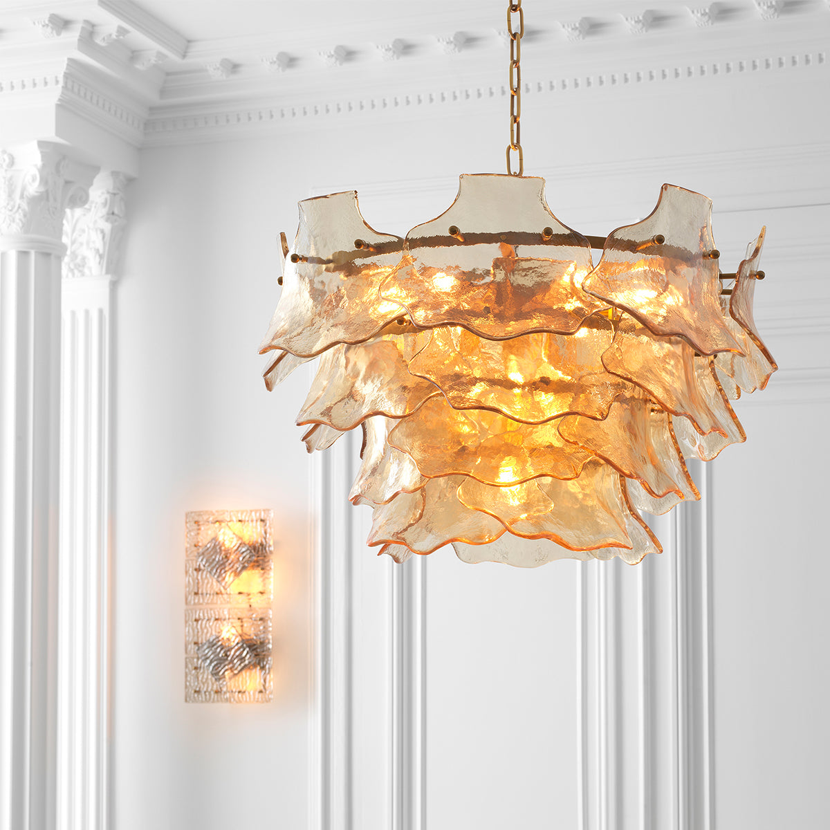 Chandelier Clarendon Antique Brass Finish Champagne Coloured Glass Eichholtz