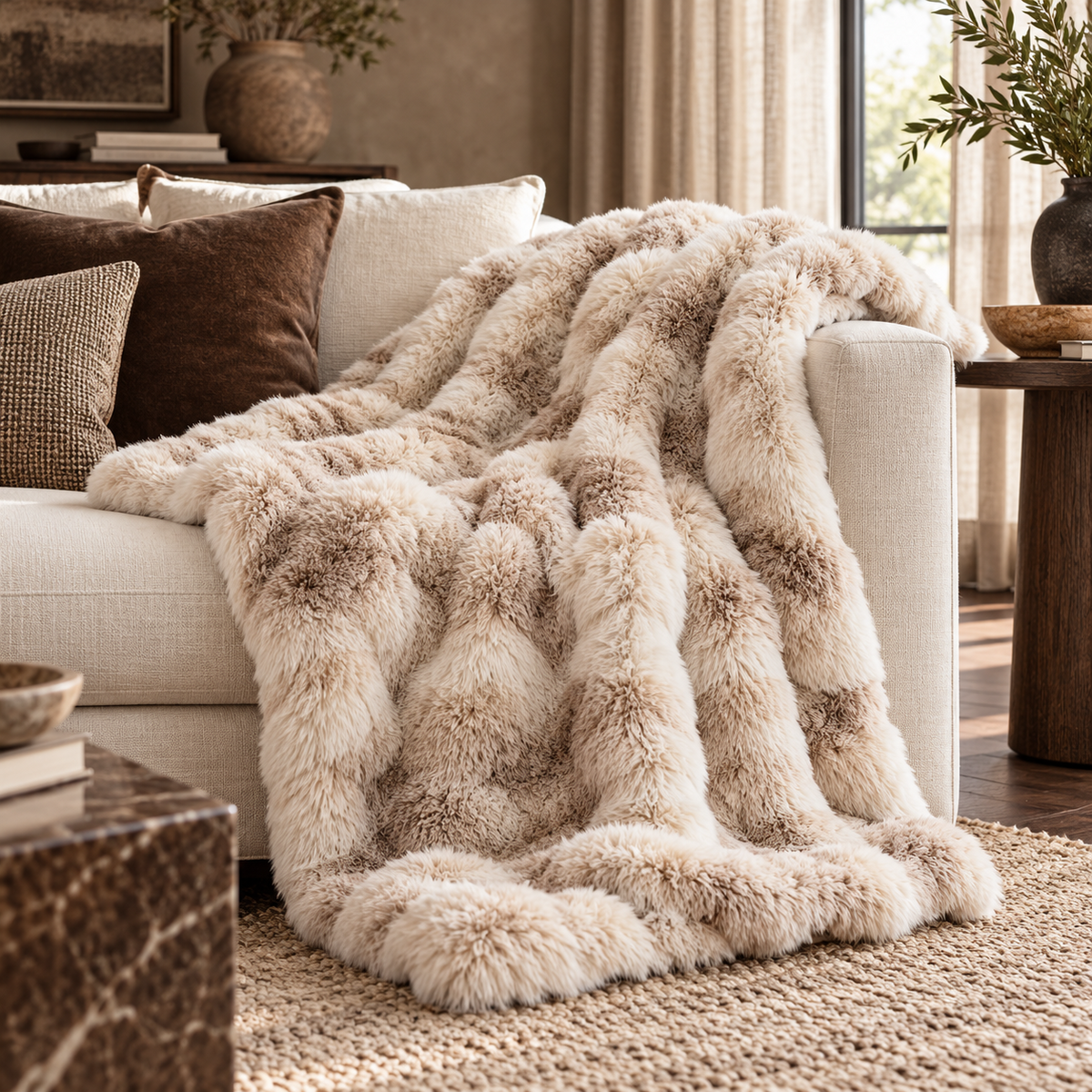 Bermondsey Natural Textured Faux Fur Throw - Natural Malini