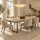 Valencia Grey Oak & Brass Dining Table - Parquet‑Style Top & Brass Base Berkeley Designs