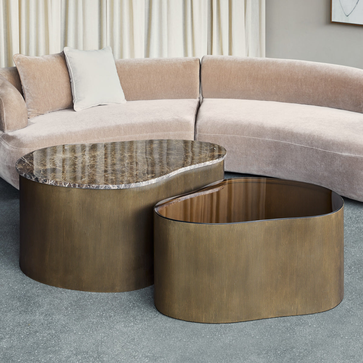Cloud Brown Marble & Glass Coffee Table Set of 2 by Libra Interiors