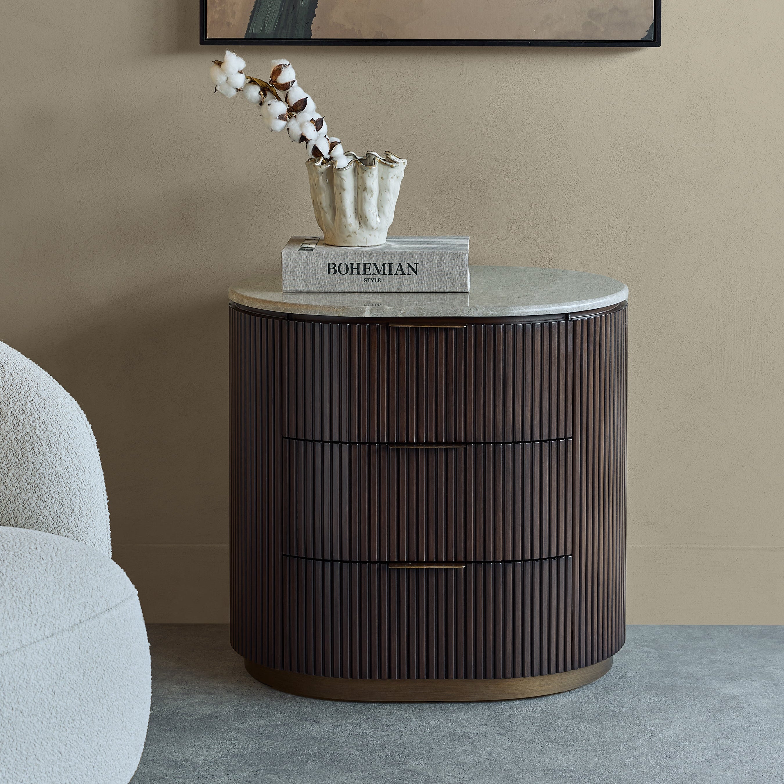 Whitwell Brown Walnut Bedside Table with Grey Marble Top by Libra Interiors