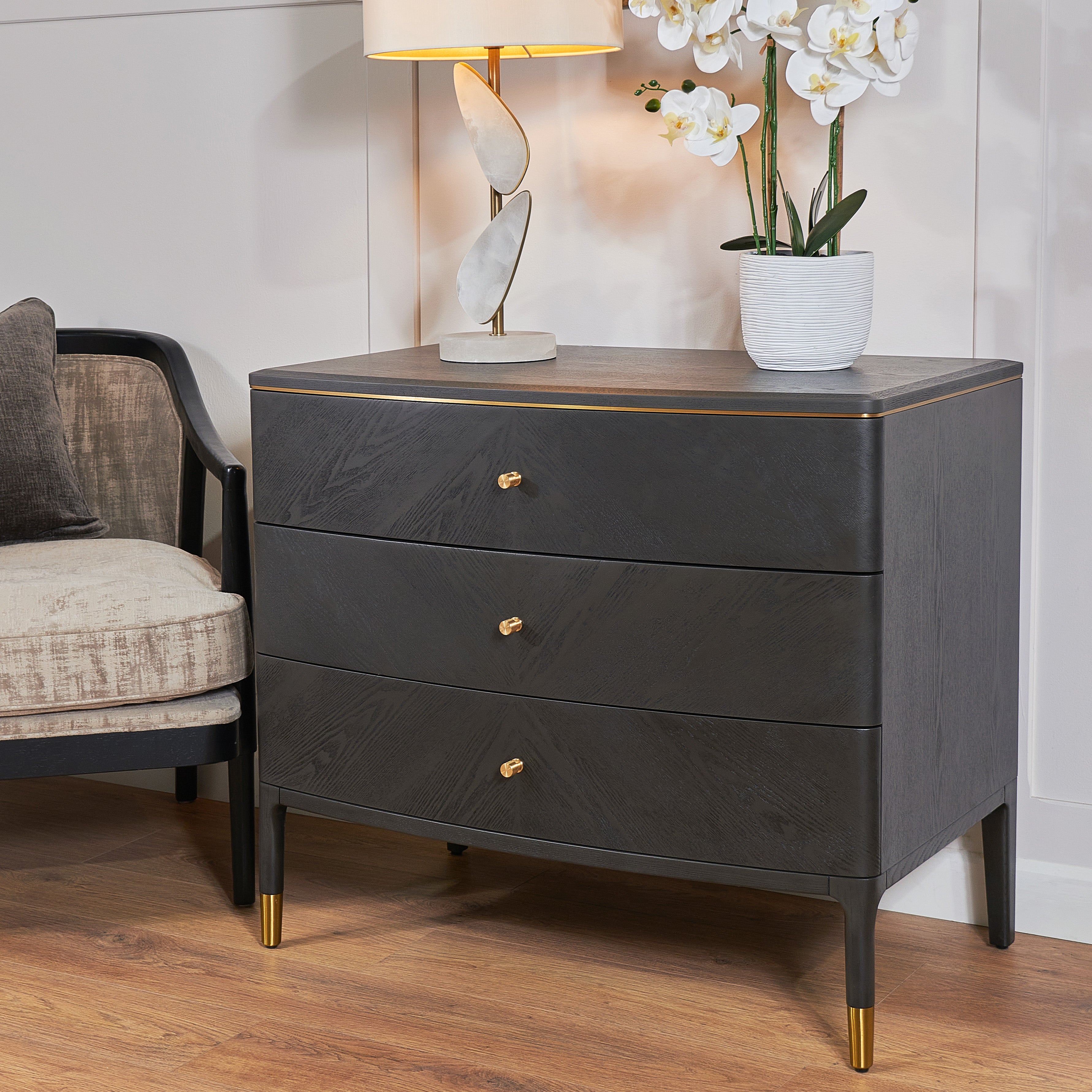 Vancent Dark Grey & Brass 3 Drawer Chest Of Drawers by RV Astley