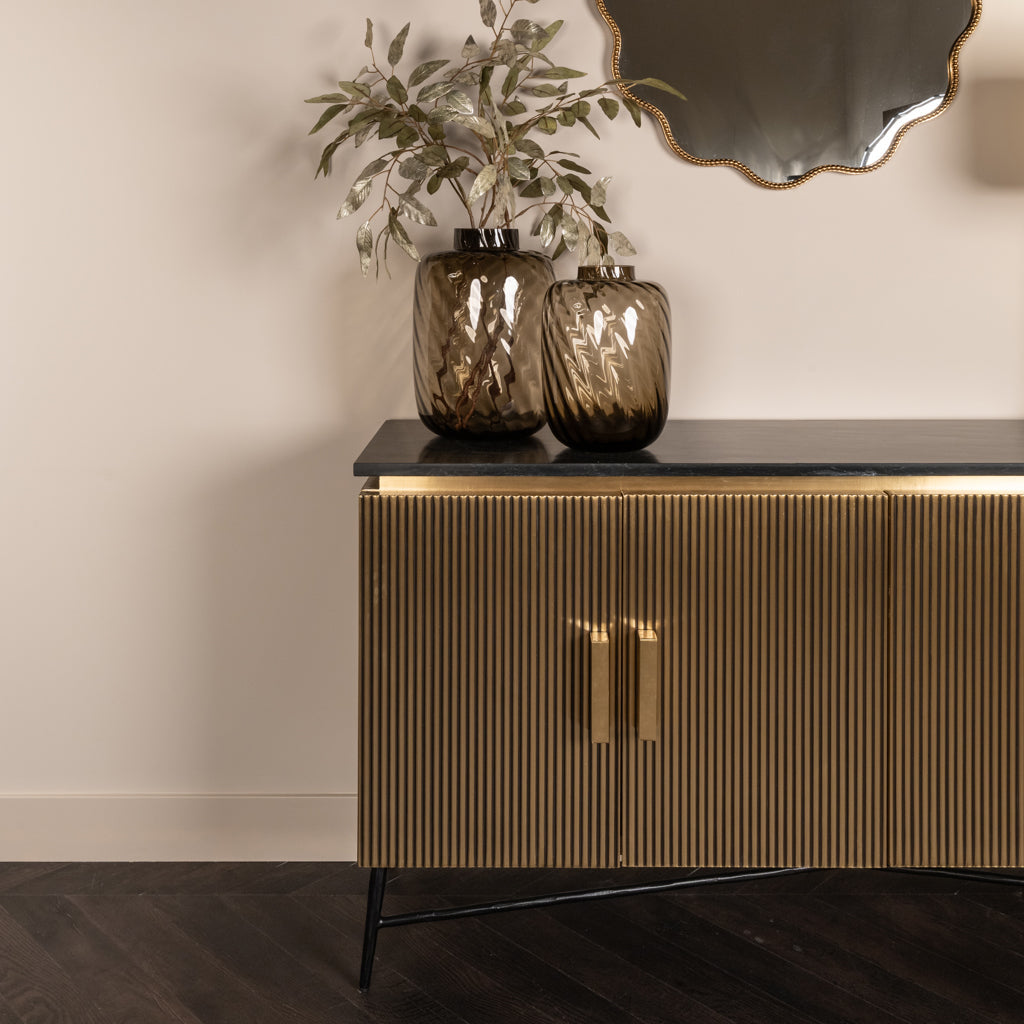 Ironville Sideboard Gold & Dark Wood with Marble Top 4 Doors by Richmond Interiors