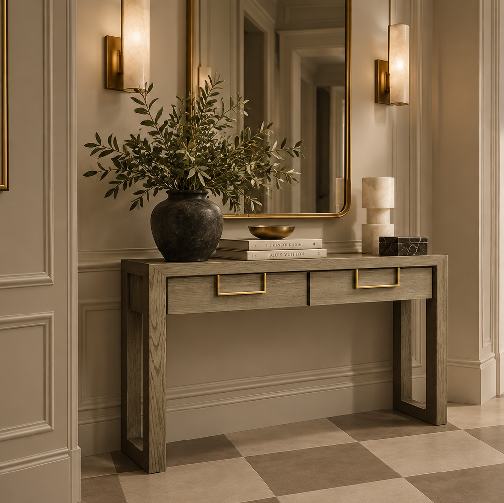 Lucca Grey Oak Wood & Gold Console Table by Berkeley Designs