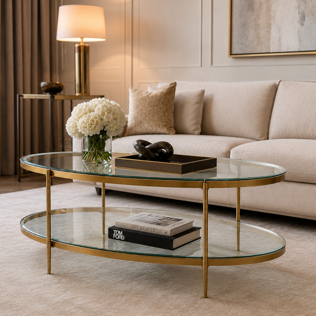 Adlon Brushed Brass Oval Clear Glass Coffee Table Liang & Eimil