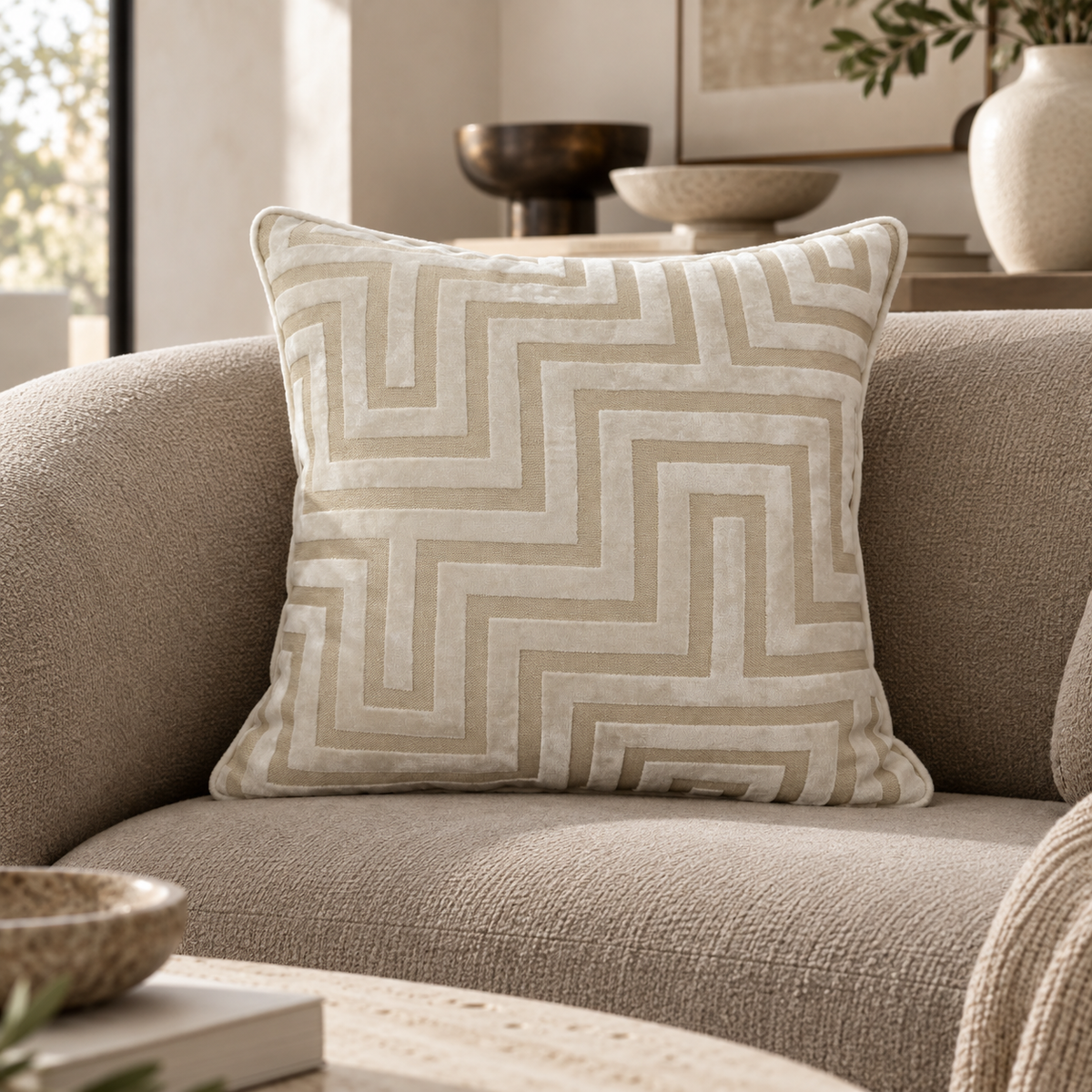 Amazing Maze Cut Velvet Cushion - Ivory Malini