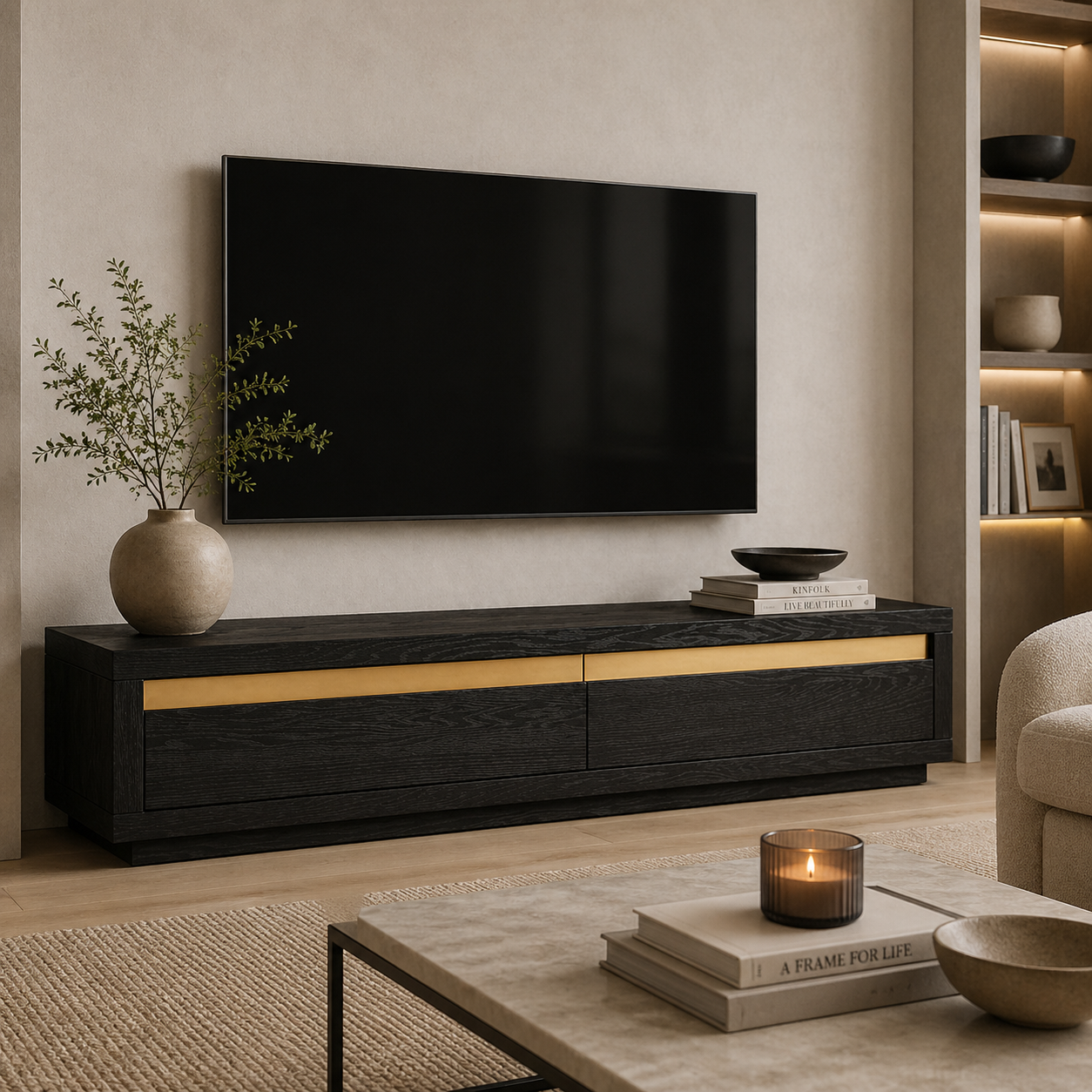 Arosa Media Unit Oak Wood & Brass Inlay 2 Drawer by Berkeley Designs