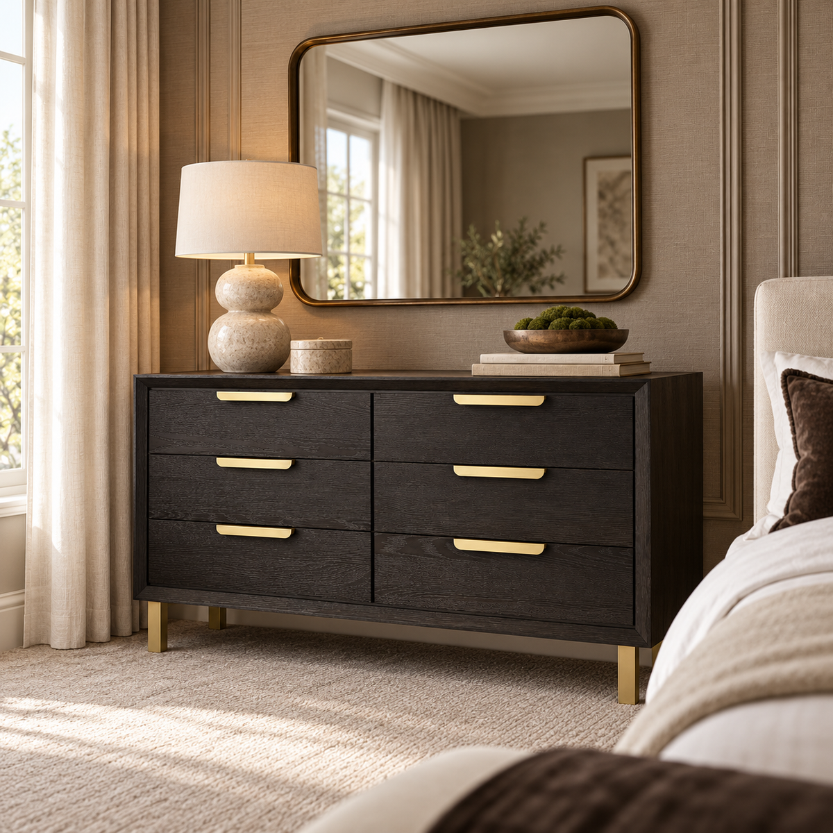 Aspen Chest of Drawers Textured Coffee Oak Wood with Gold Handles & Legs 6 Drawer Berkeley Designs