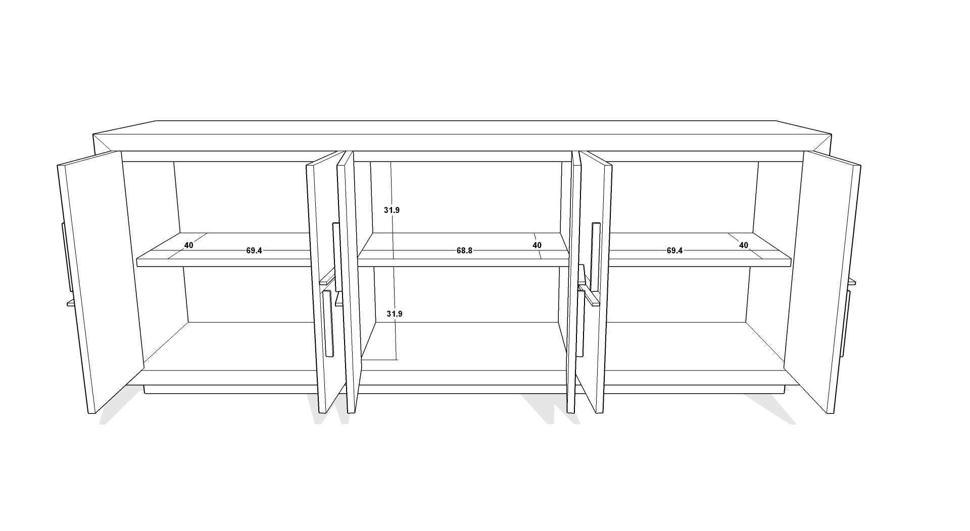 Bristol Sideboard in Dark Brown Oak Wood with Gold Handles 6 Doors by Berkeley Designs