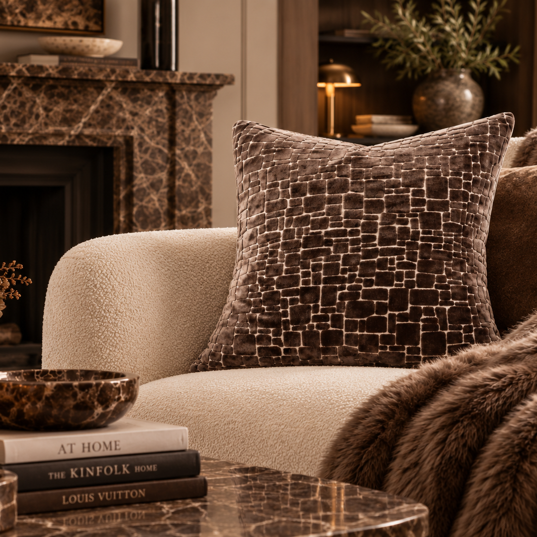 Bergen Cut Velvet Abstract Squares Cushion - Chocolate Malini