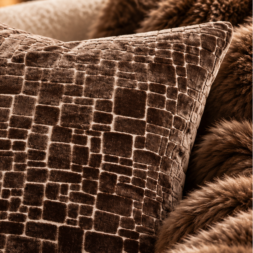 Bergen Cut Velvet Abstract Squares Cushion - Chocolate Malini