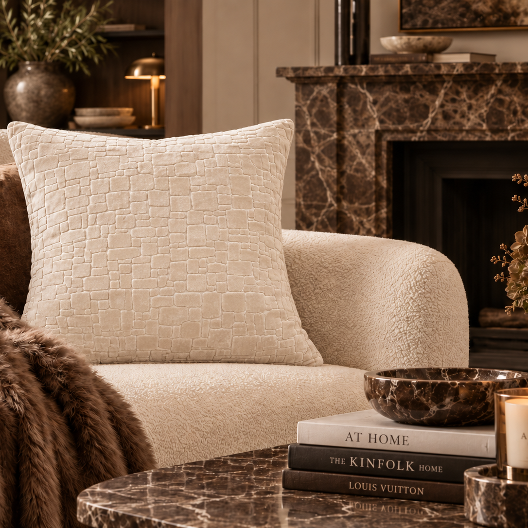 Bergen Cut Velvet Abstract Squares Cushion - Ivory Malini