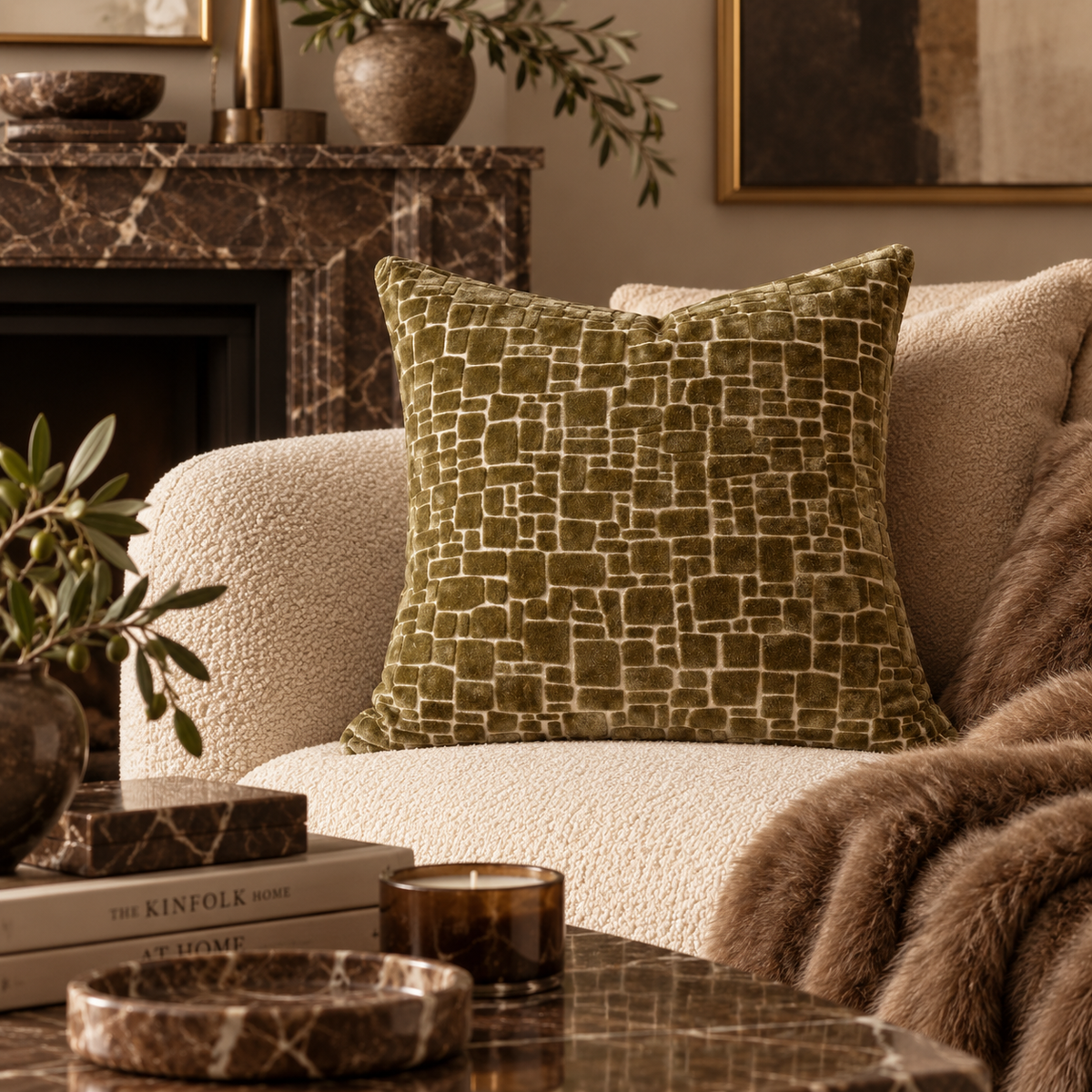 Bergen Cut Velvet Abstract Squares Cushion - Olive Malini