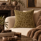 Bergen Cut Velvet Abstract Squares Cushion - Olive Malini