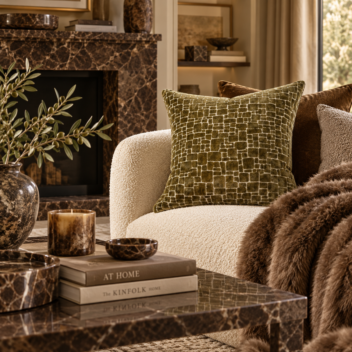 Bergen Cut Velvet Abstract Squares Cushion - Olive Malini