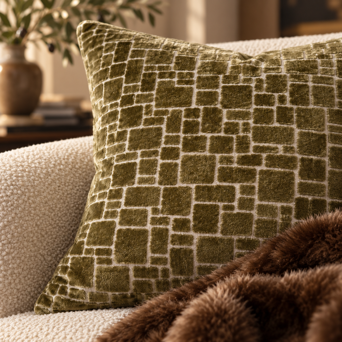 Bergen Cut Velvet Abstract Squares Cushion - Olive Malini