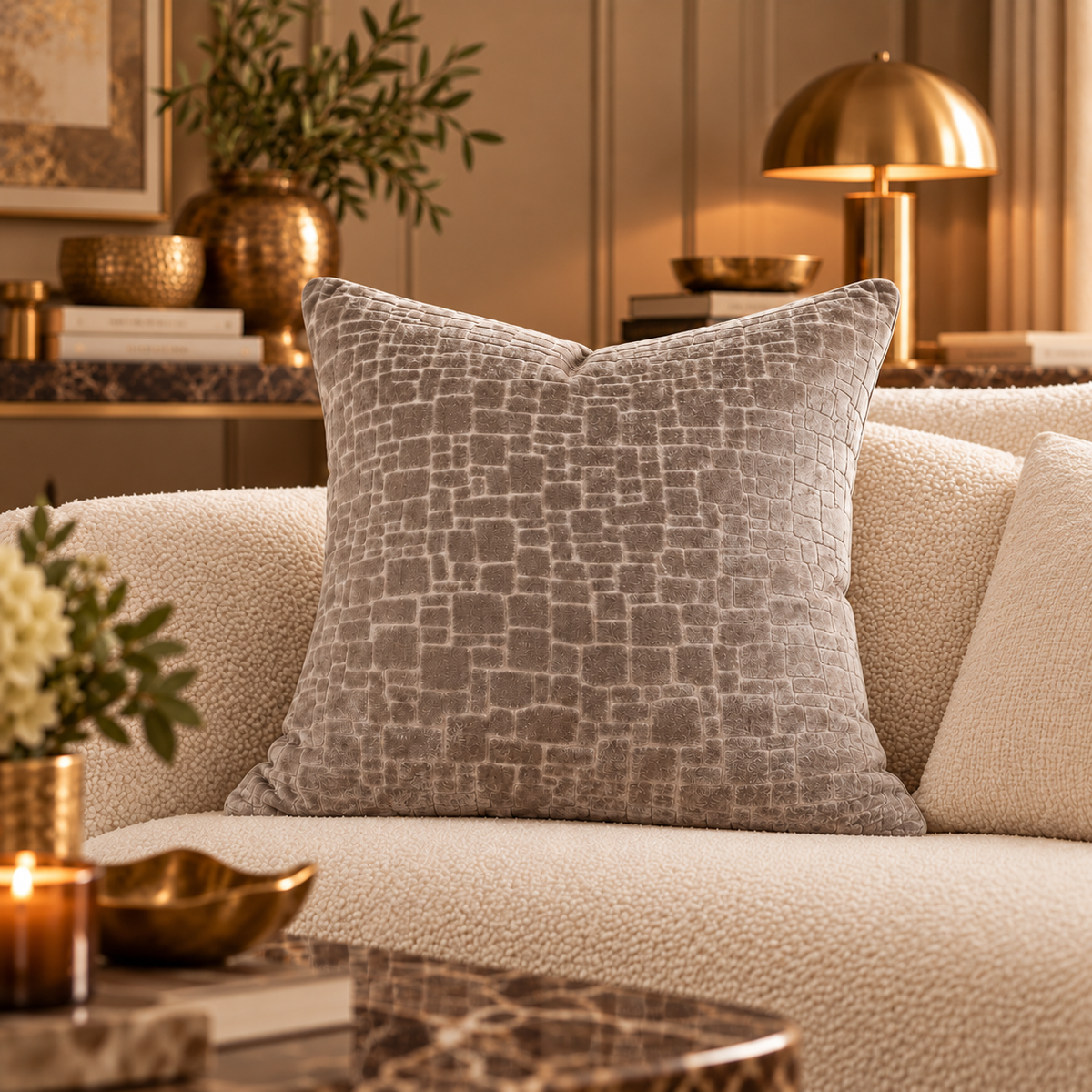 Bergen Cut Velvet Abstract Squares Cushion - Taupe Malini