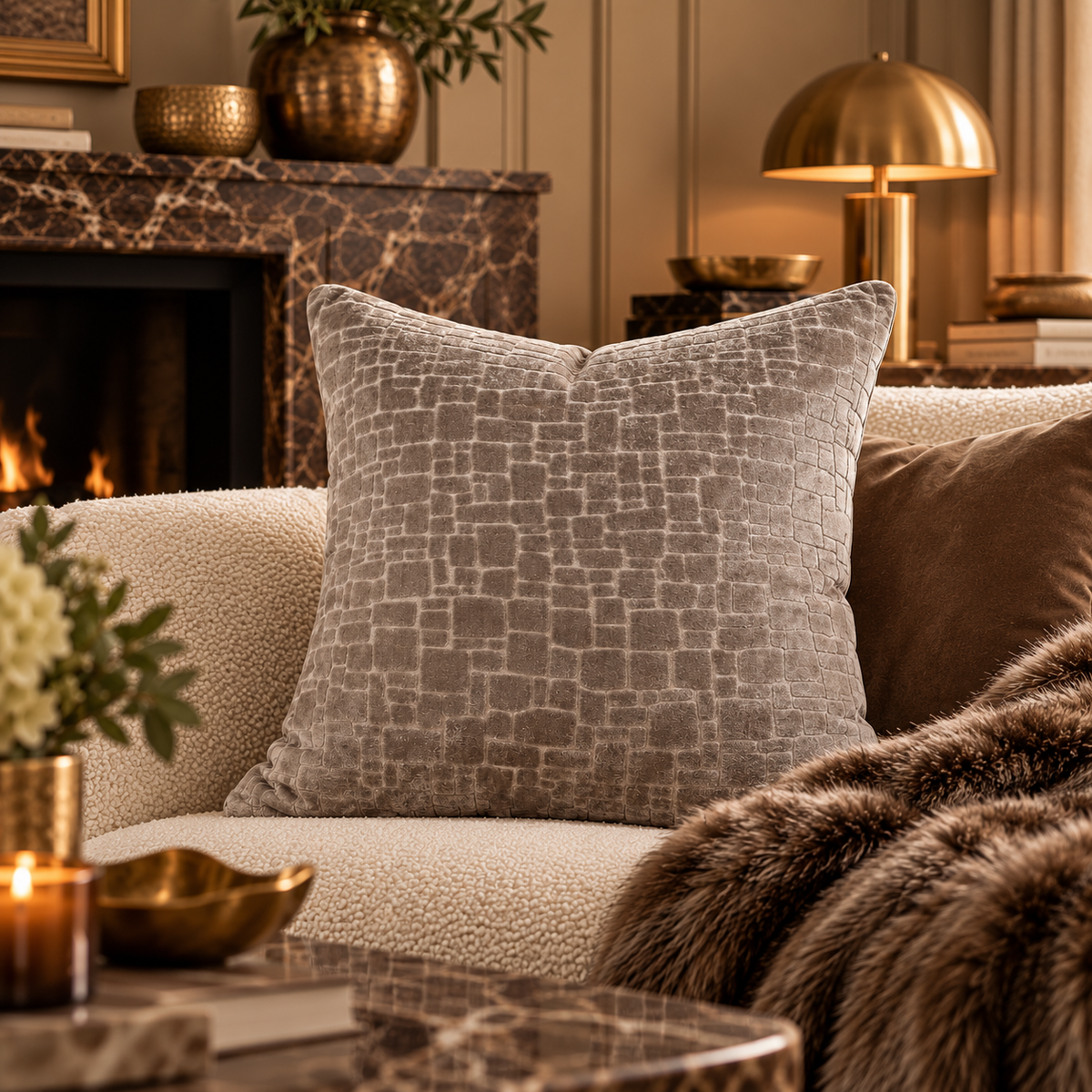 Bergen Cut Velvet Abstract Squares Cushion - Taupe Malini