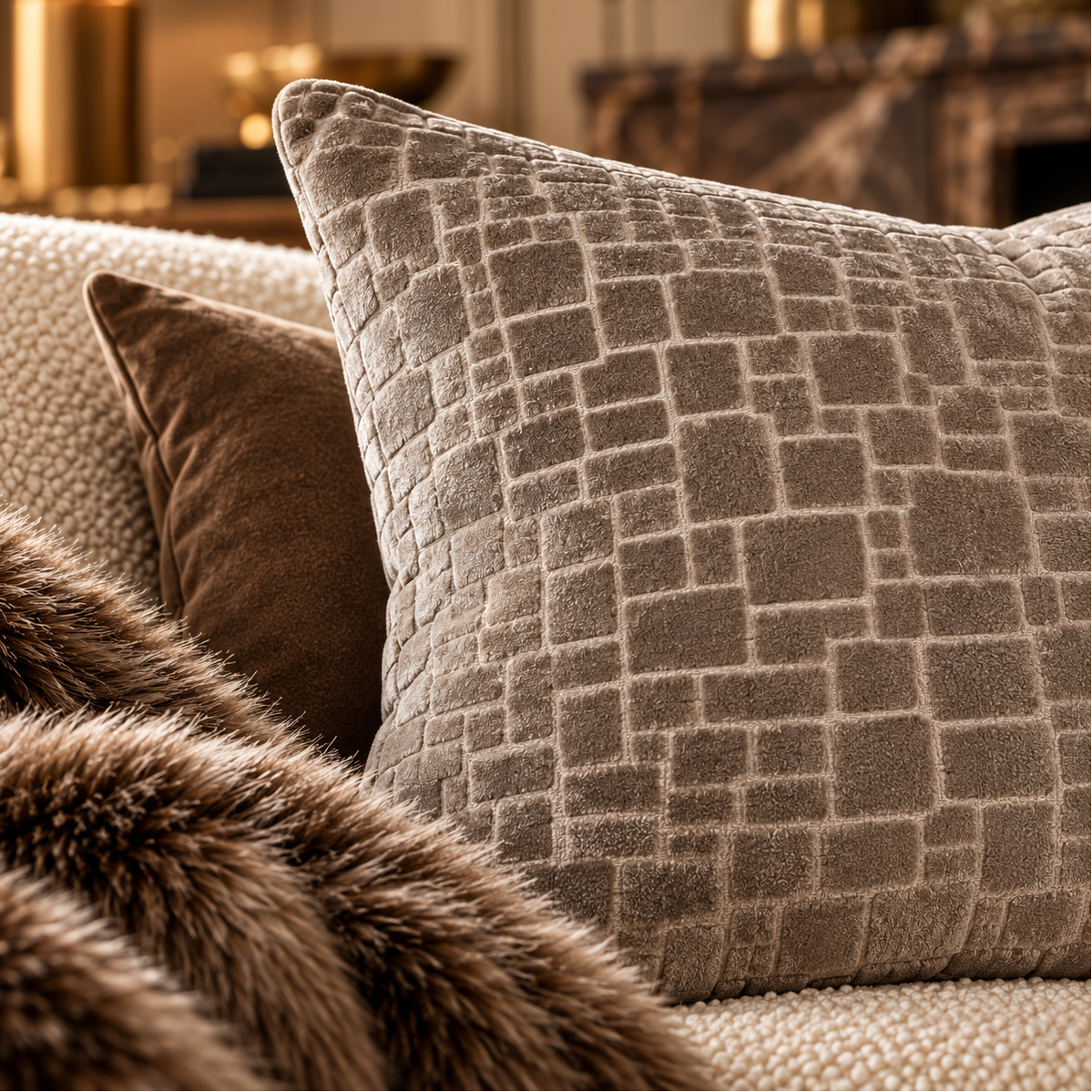 Bergen Cut Velvet Abstract Squares Cushion - Taupe Malini