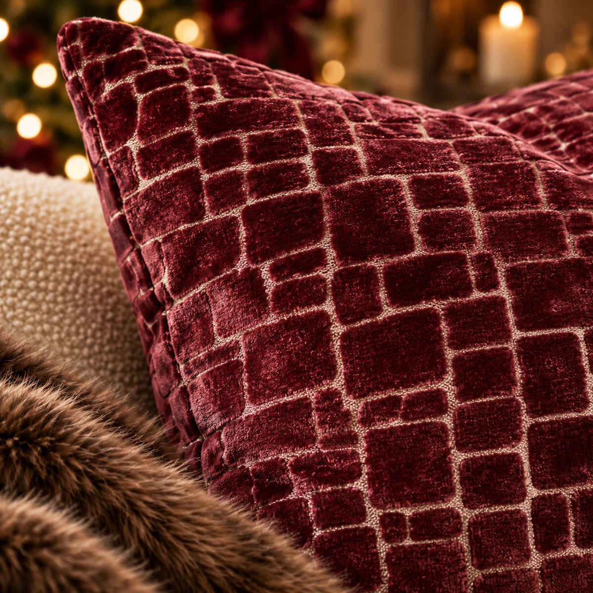 Bergen Cut Velvet Abstract Squares Cushion - Wine Malini