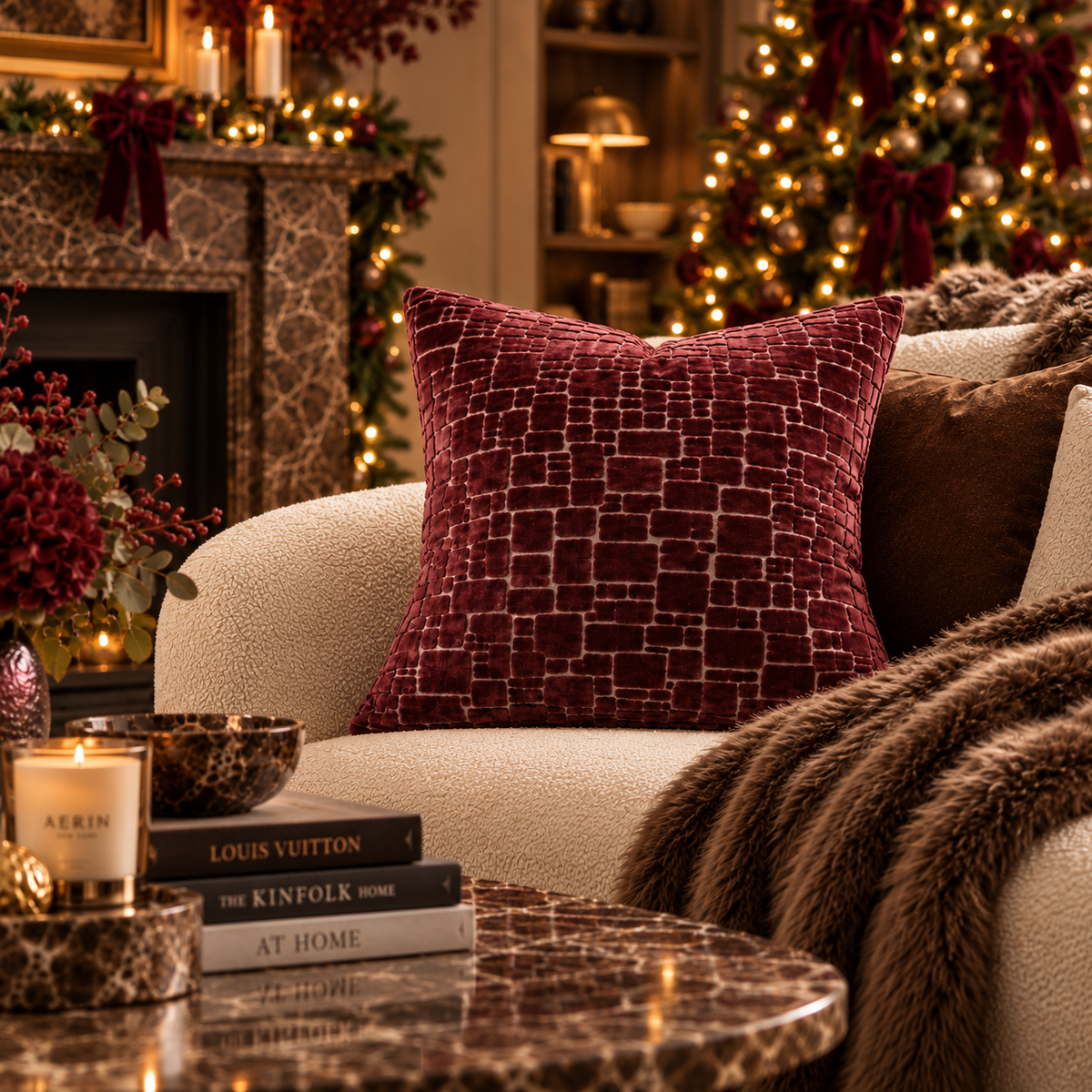 Bergen Cut Velvet Abstract Squares Cushion - Wine Malini