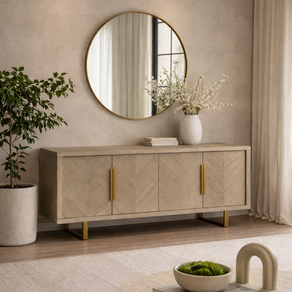 Valencia Textured Grey Oak Wood & Gold Sideboard – Decorum Interiors