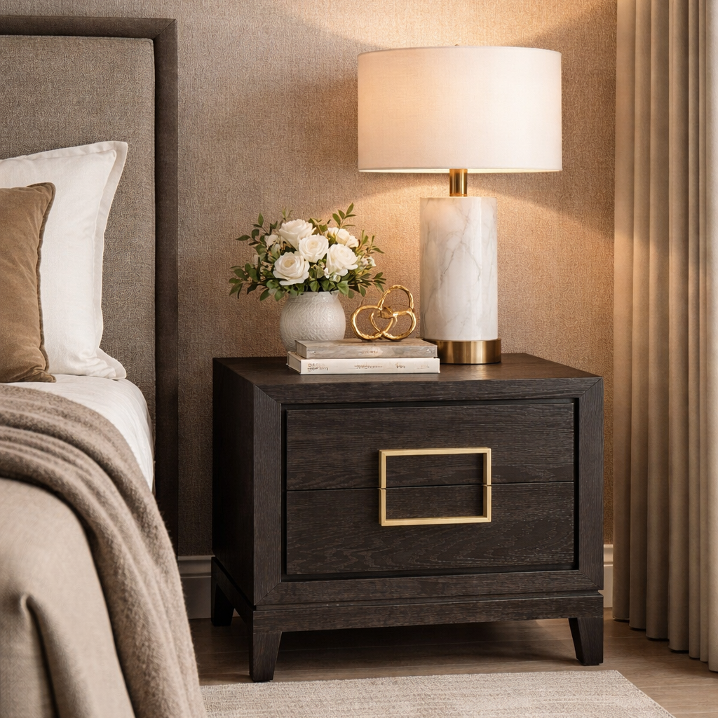 Lucca Brown Oak Wood Bedside Table with Gold Handles by Berkeley Designs