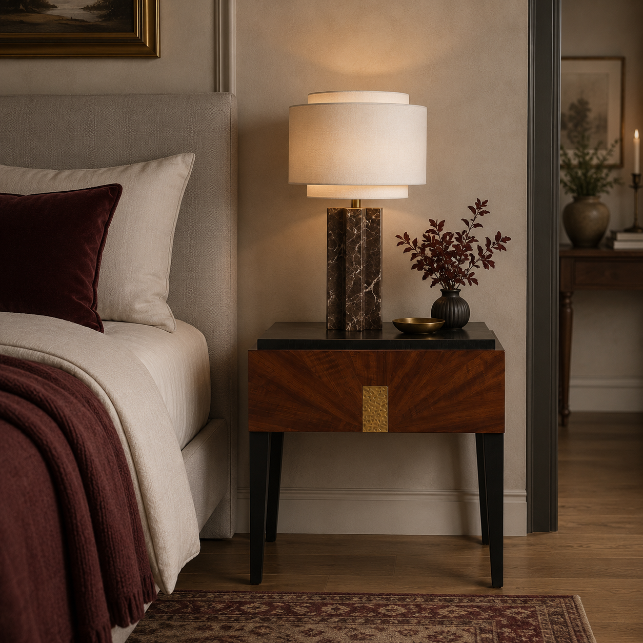 Beverly Brown Acacia Wood & Hammered Brass Bedside Table by Liang & Eimil