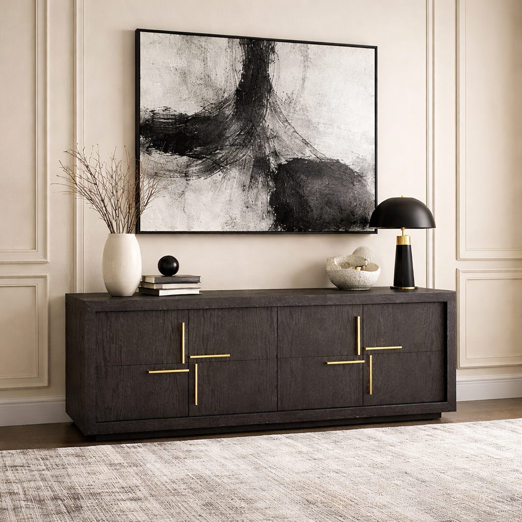 Bristol Sideboard in Dark Brown Oak Wood with Gold Handles 6 Doors by Berkeley Designs