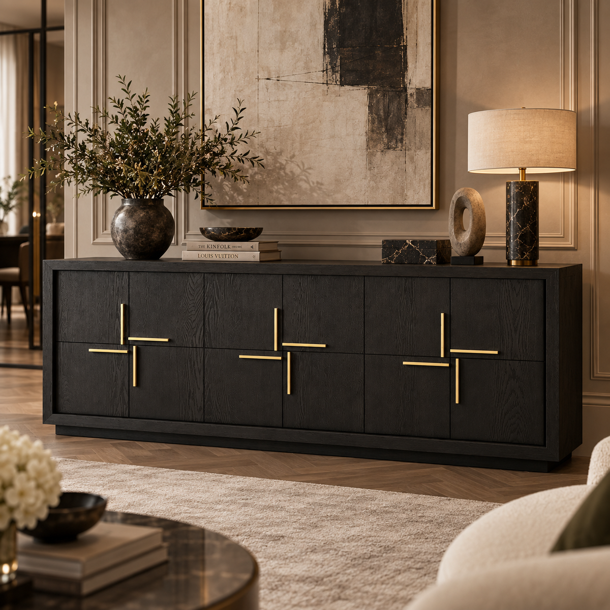 Bristol Dark Brown Oak Wood Sideboard With Gold Handles Berkeley Designs