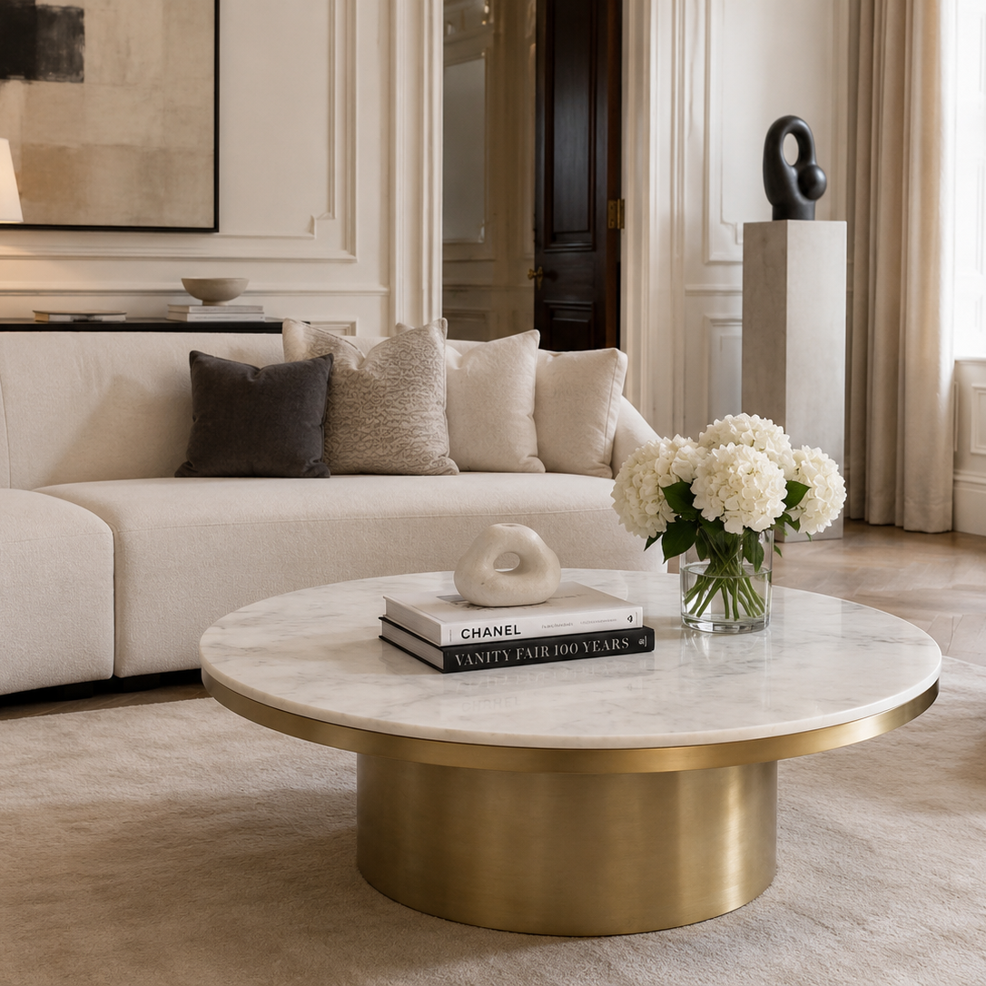 Camden Brushed Brass & White Marble Round Coffee Table Liang & Eimil