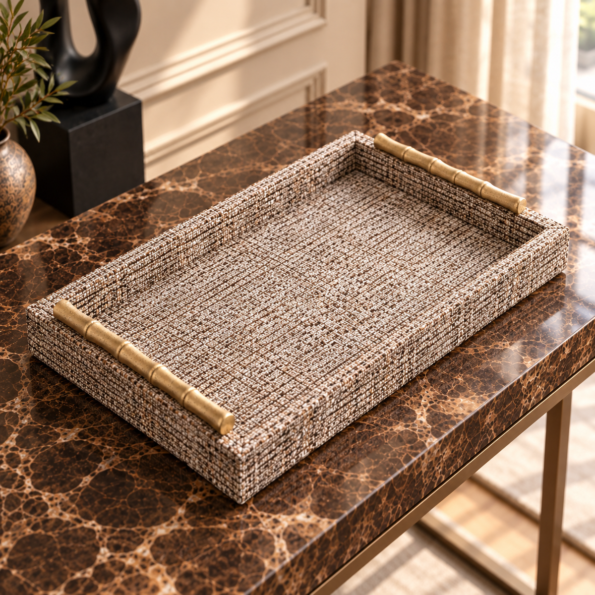 Chantel Beige Fabric & Gold Handle Tray Richmond Interiors