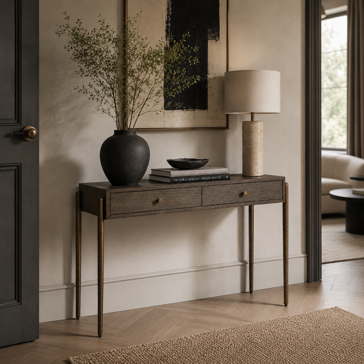 Nella Dark Brushed Brown Oak Wood Console Table Liang & Eimil