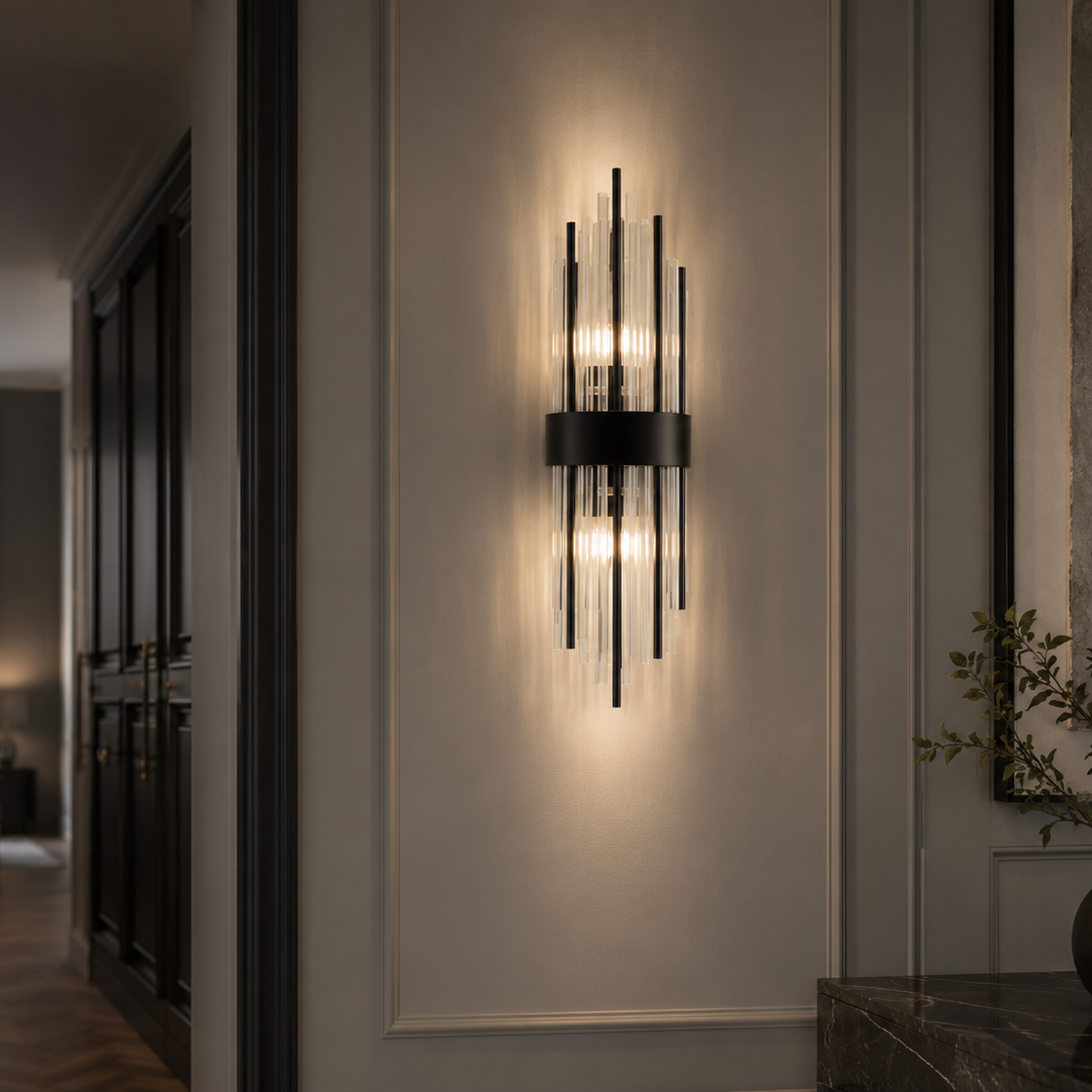 Clarins Matt Black Steel 2 Light Clear Glass Wall Light Liang & Eimil