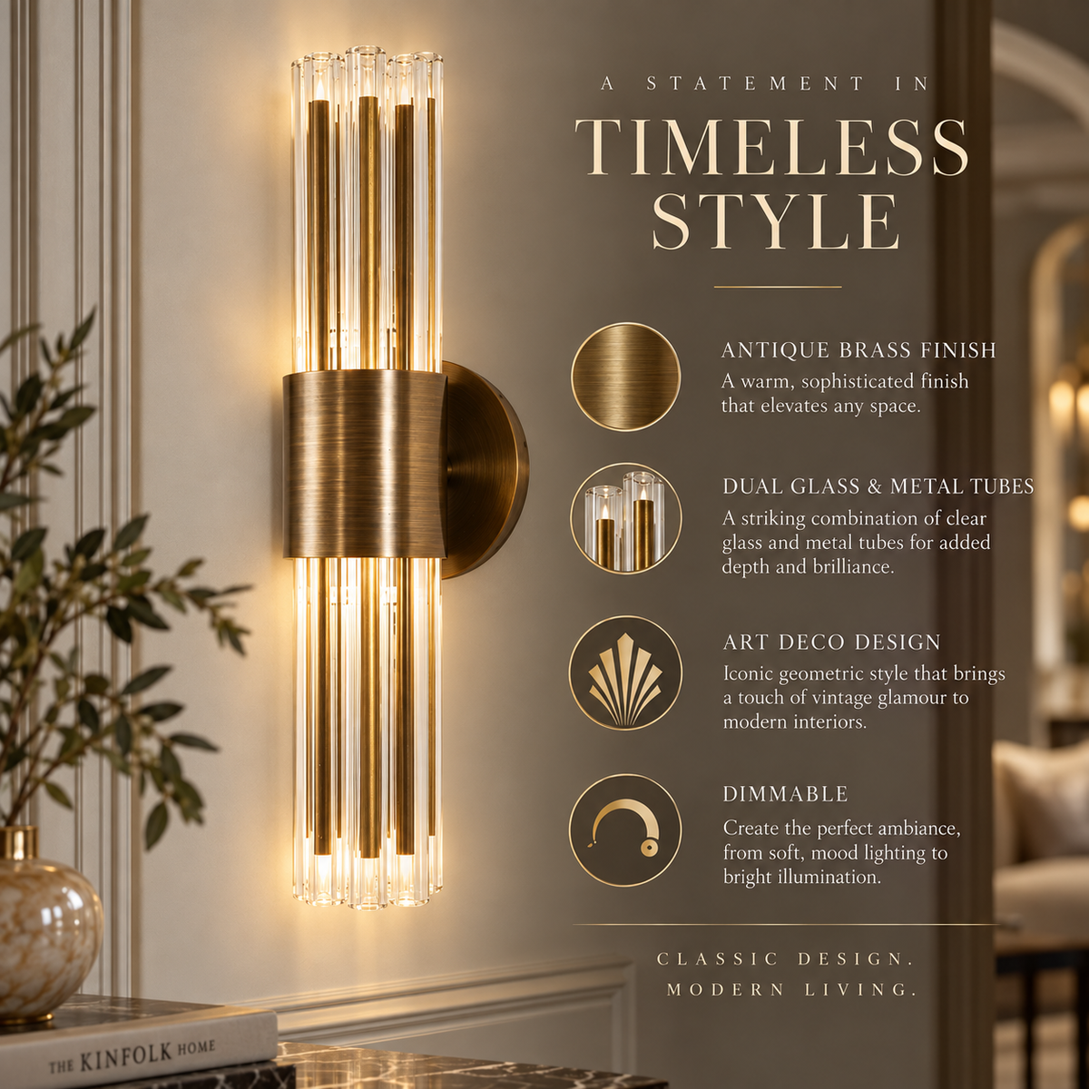 Colmar Antique Brass 2 Light Glass Tube Wall Light by RV Astley