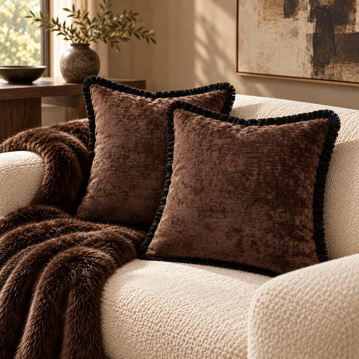 Curtain Call Chocolate Chenille & Black Fringe Cushion 45 cm Paul Moneypenny