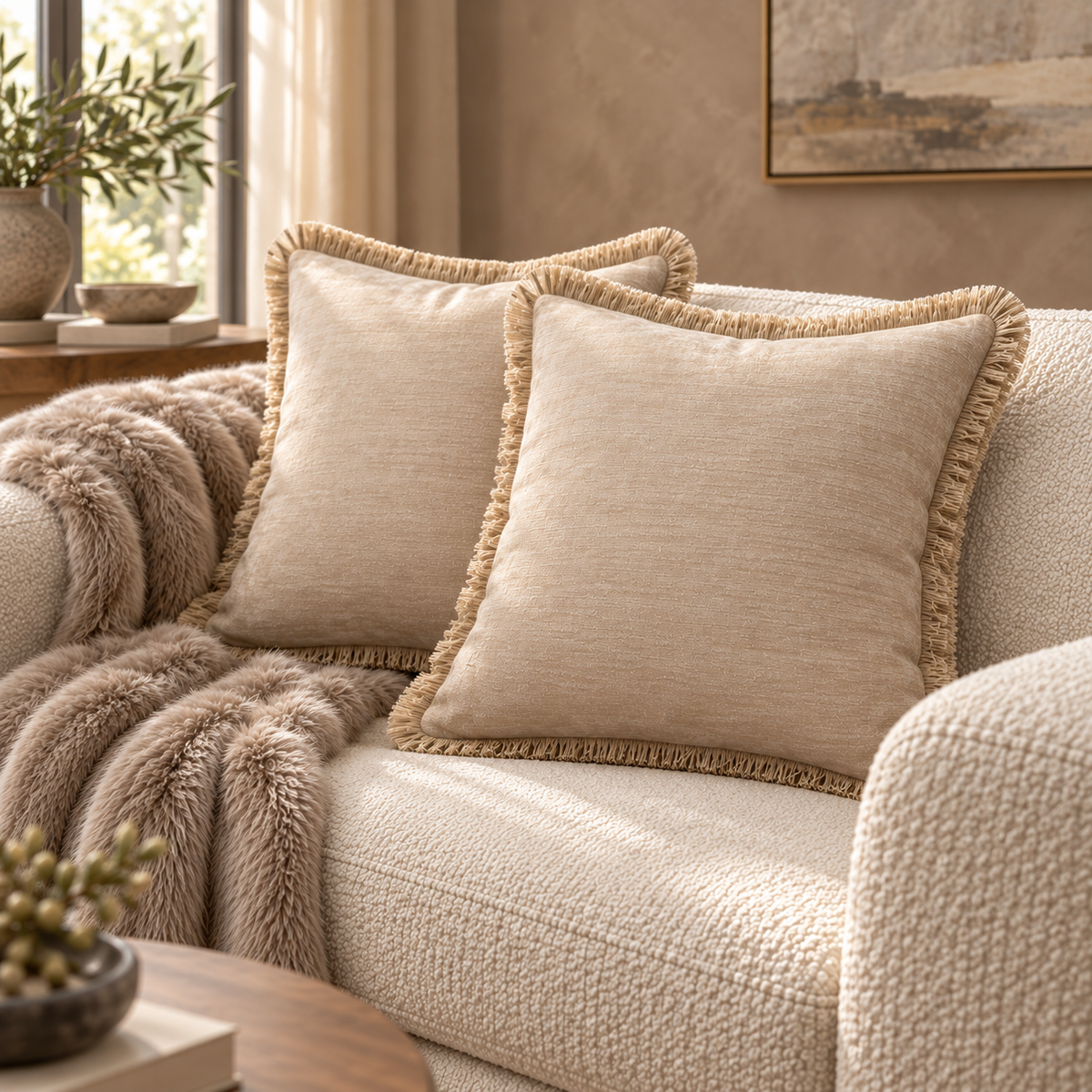 Curtain Call Neutral Chenille & Fringe Cushion 45 cm Paul Moneypenny