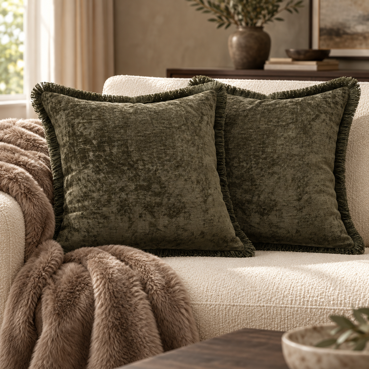 Curtain Call Olive Chenille & Fringe Cushion 45 cm Paul Moneypenny