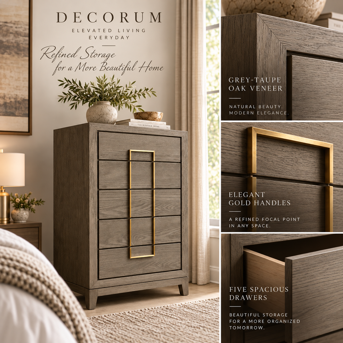 Lucca Grey Oak & Gold Tall Chest of Drawers by Berkeley Designs