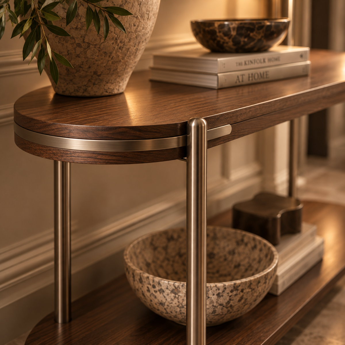 Vienna Brown Walnut Veneer Oval Console Table Berkeley Designs