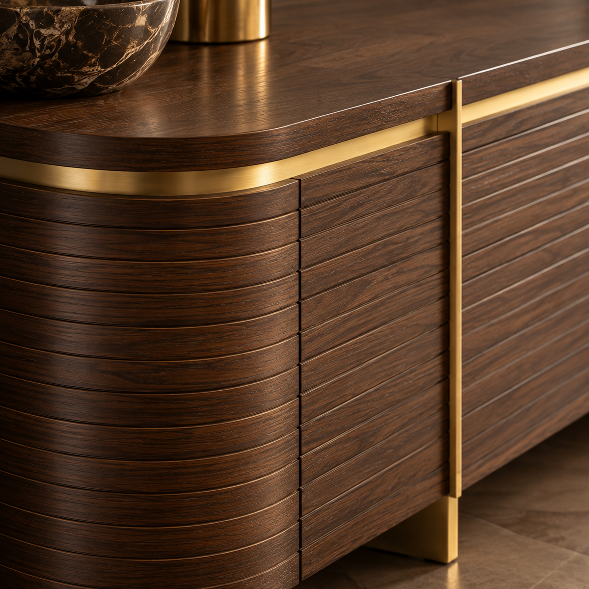 Malibu Brown Walnut Veneer Sideboard with Brass Handles & Legs Berkeley Designs