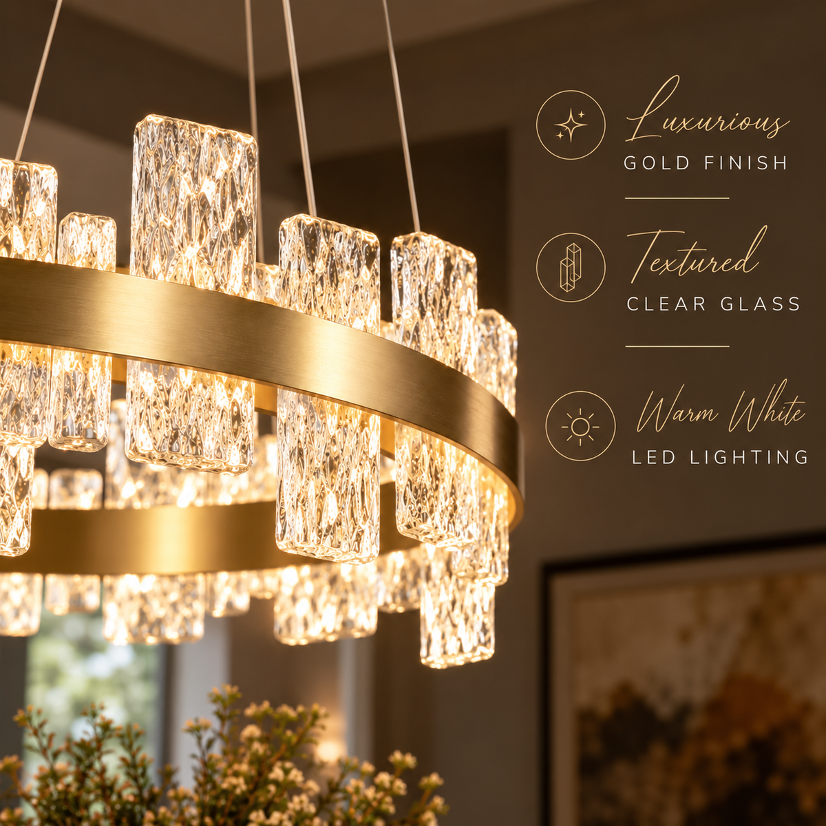 Rimini Gold & Textured Glass Pendant 60cm by Luxe Collection